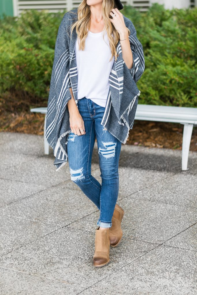 fall outfit ideas 2017, j.crew cape scarf, sorel lea wedge boots, AE distressed x jeans