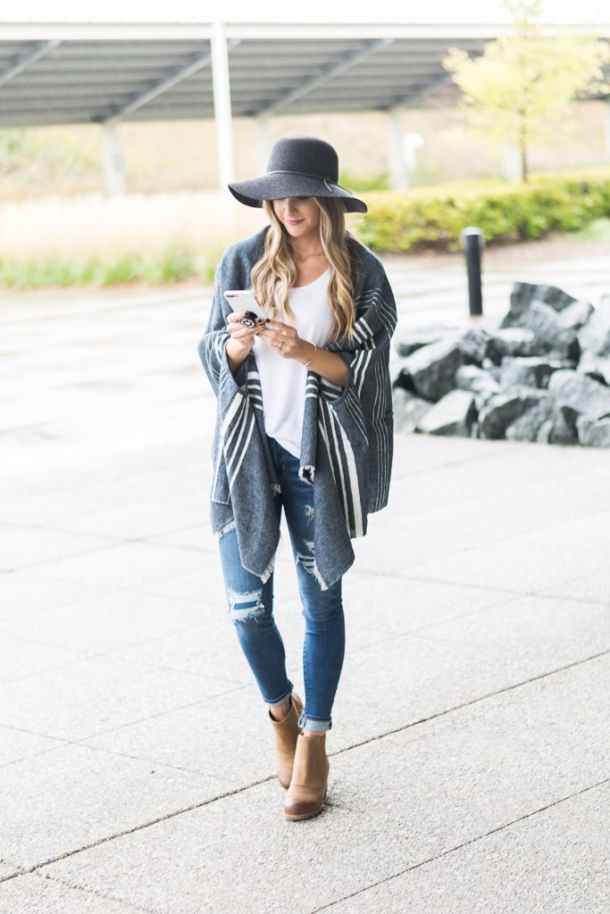 fall outfit ideas 2017, j.crew cape scarf, sorel lea wedge boots, floppy hat