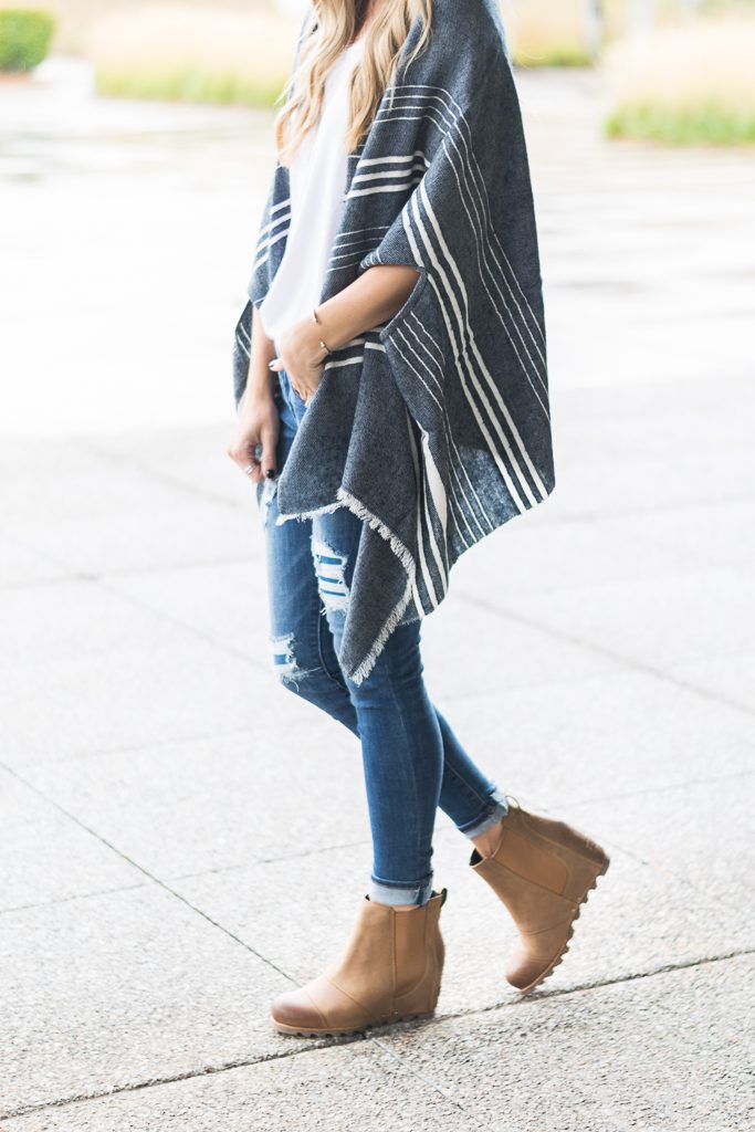 fall outfit ideas 2017, j.crew cape scarf, sorel lea wedge boots, floppy hat