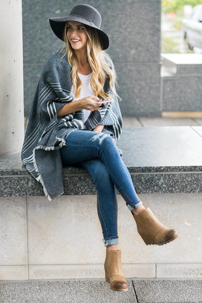fall outfit ideas 2017, j.crew cape scarf, sorel lea wedge boots, floppy hat