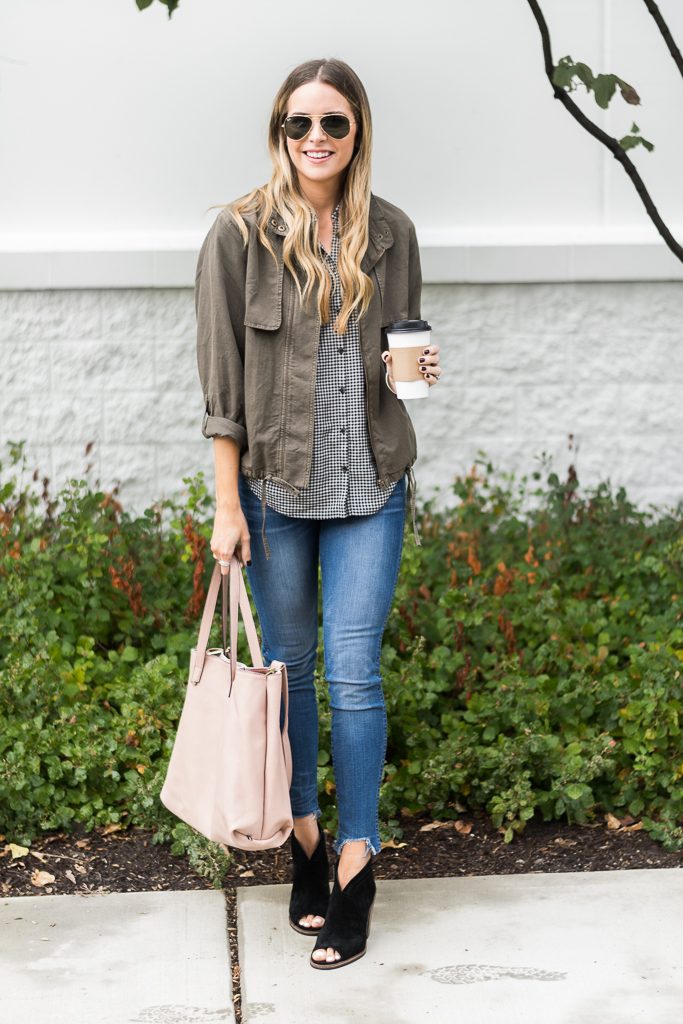 fall outfit ideas, olive utility jacket, madewell central shirt haden plaid, 10" tall chewed hem jeans