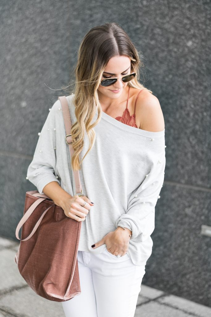 fall outfit ideas, zara pearl sweatshirt, free people velvet vegan tote, fp one adella bralette