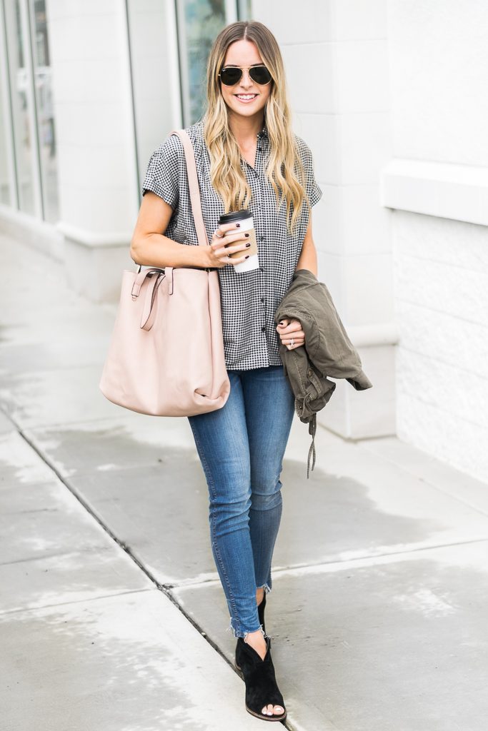 fall outfit ideas, madewell central shirt haden plaid, 10" tall chewed hem jeans, black vince camuto booties