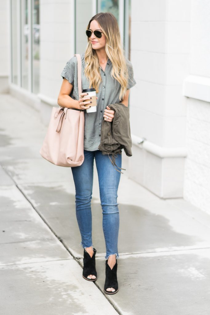 fall outfit ideas, madewell central shirt haden plaid, 10" tall chewed hem jeans, black vince camuto booties