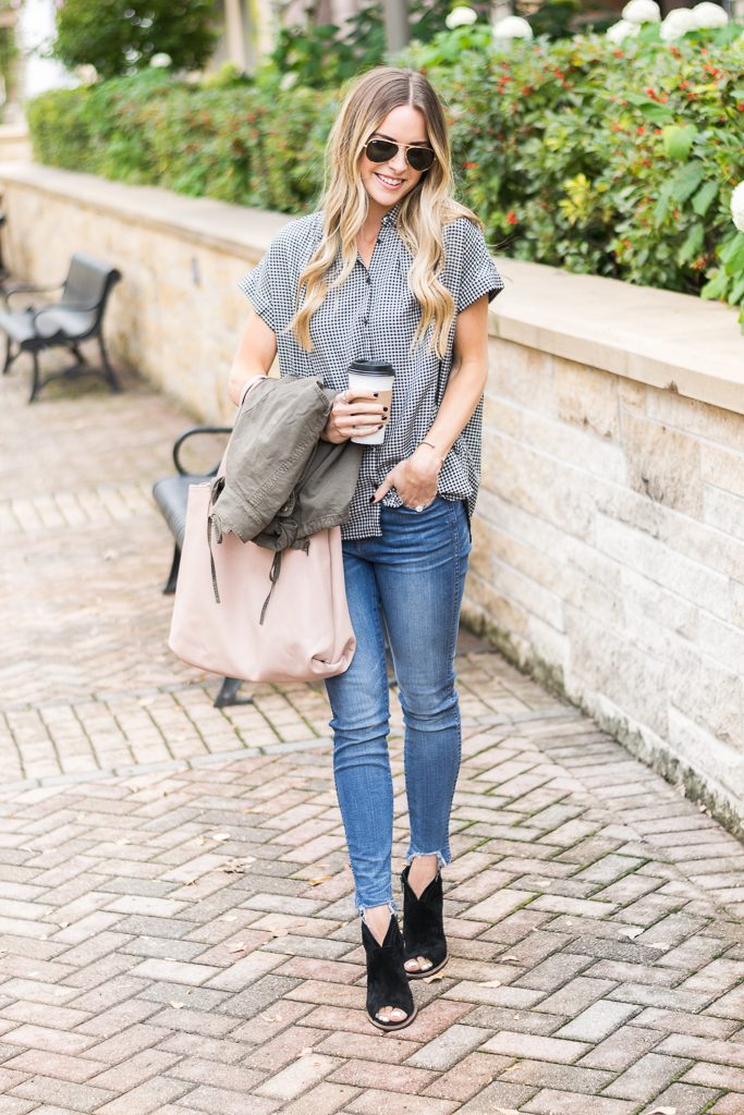 fall outfit ideas, madewell central shirt haden plaid, 10" tall chewed hem jeans, black vince camuto booties