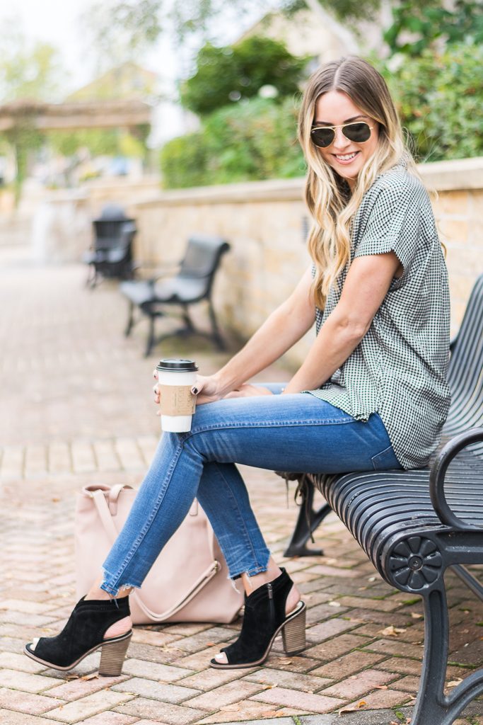 fall outfit ideas, madewell central shirt haden plaid, 10" tall chewed hem jeans, black vince camuto booties