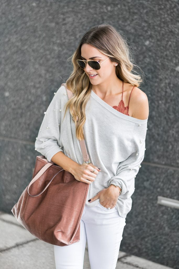 fall outfit ideas, zara pearl sweatshirt, free people velvet vegan tote, fp one adella bralette, minneapolis blogger