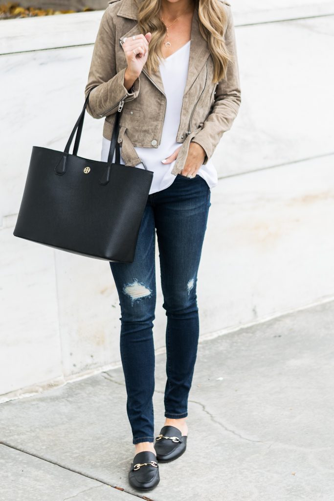 zappos, blank NYC suede moto jacket, dark distressed jeans junk drawers