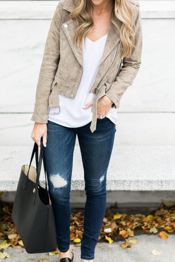 zappos, blank NYC suede moto jacket, dark distressed jeans junk drawers