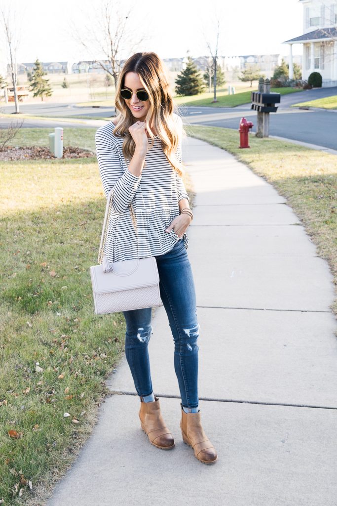 bp. stripe peplum top, fall outfit ideas, tory burch fleming bag, minneapolis blogger