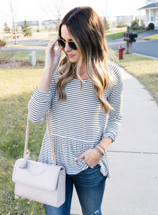 bp. stripe peplum top, fall outfit ideas, tory burch fleming bag, minneapolis blogger