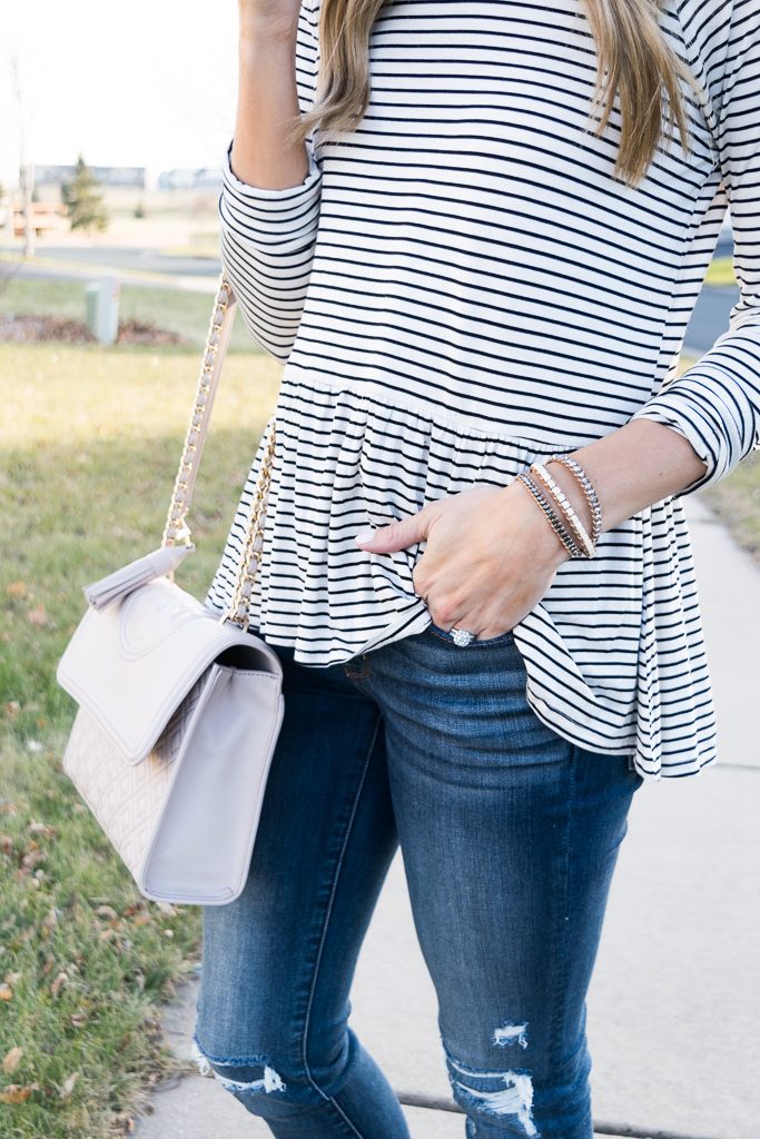 bp. stripe peplum top, fall outfit ideas, tory burch fleming bag, victoria emerson designs wrap bracelet