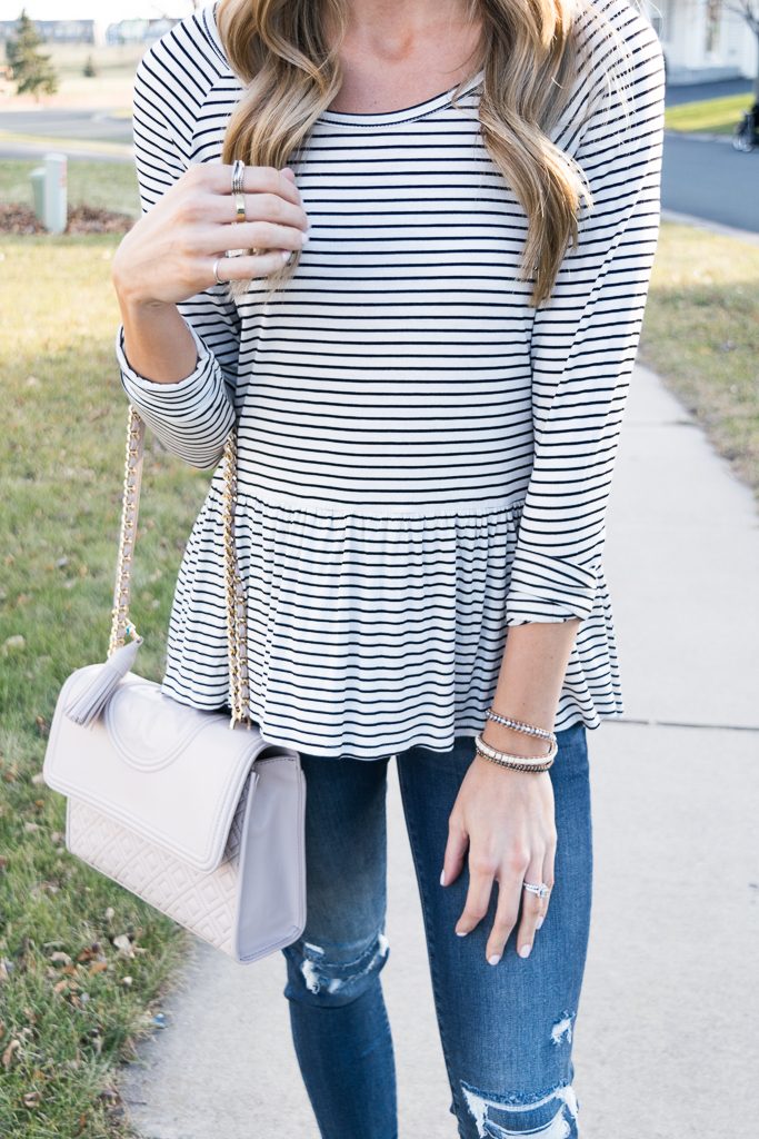 bp. stripe peplum top, fall outfit ideas, tory burch fleming bag, victoria emerson designs wrap bracelet