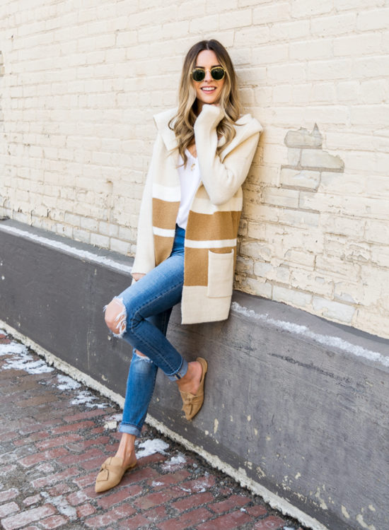 Minneapolis fashion blogger, tahari pandora fawn suede, suede camel slides, lulu's Carlsbad hooded cardigan