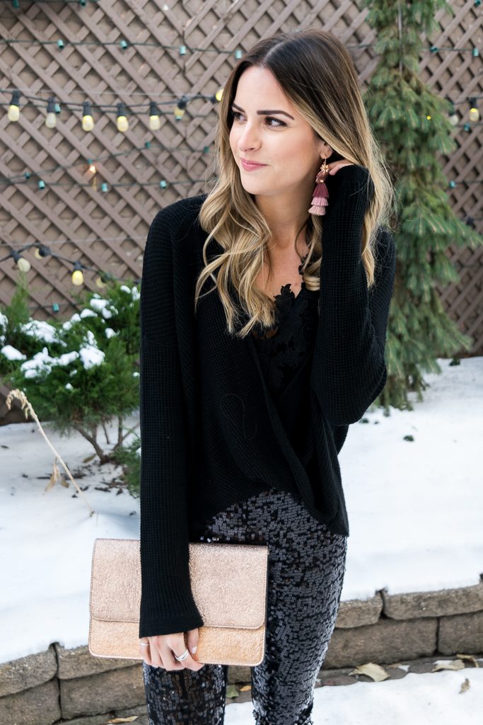 Express clutch, blush tassel earrings, all black holiday look, NYE outfit