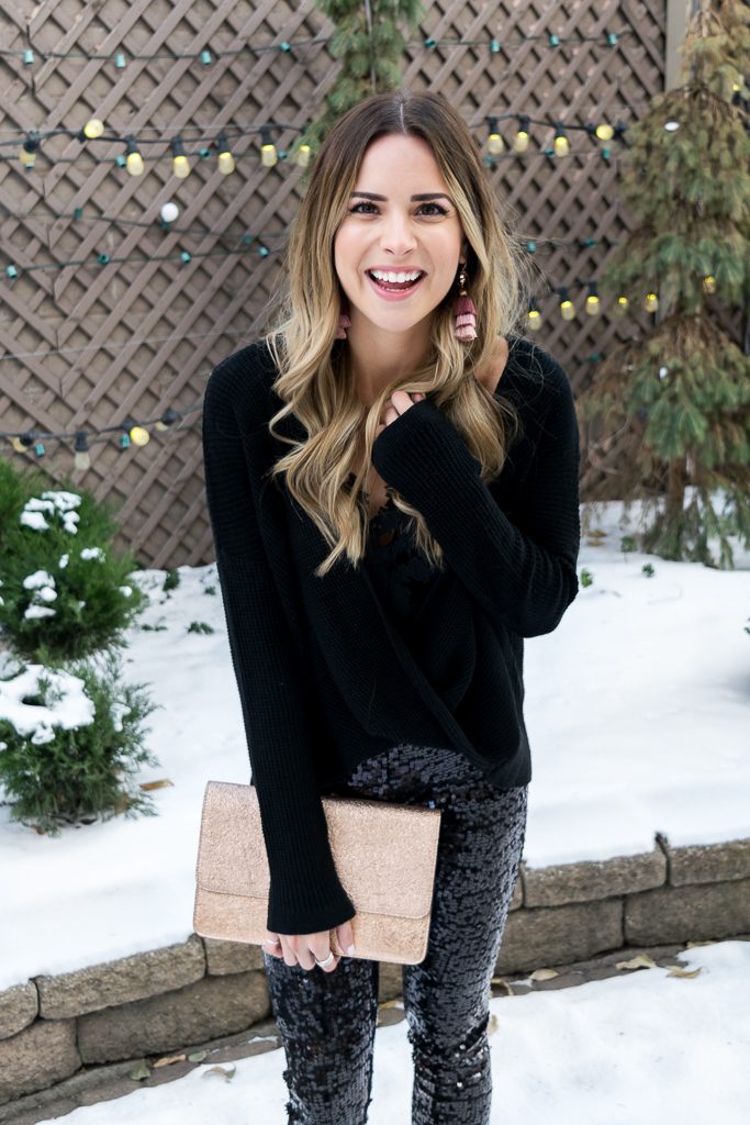 Express clutch, blush tassel earrings, all black holiday look, NYE outfit