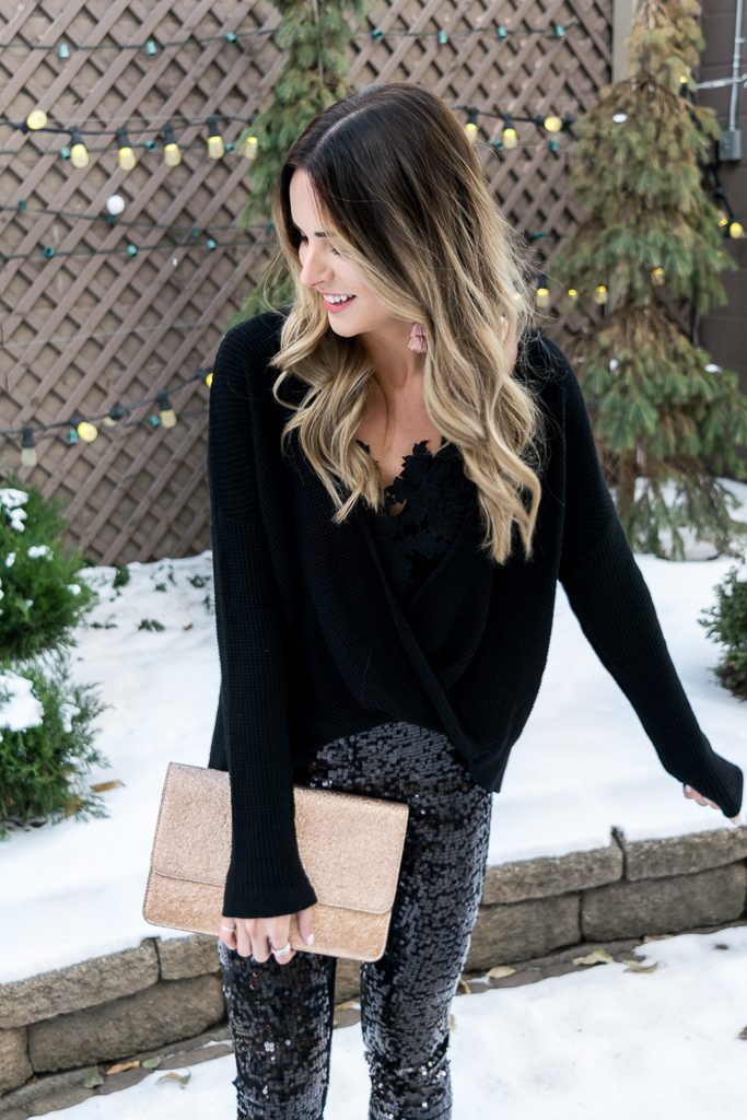 Express black sequin leggings, all black holiday look, NYE outfit, Minneapolis blogger