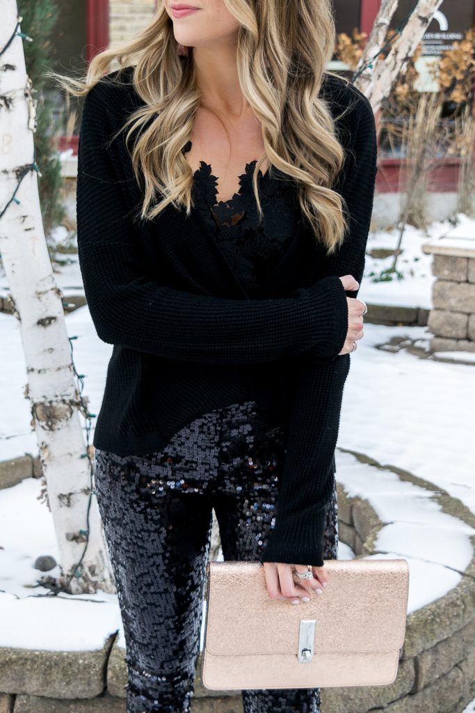 Express black sequin leggings, all black holiday look, NYE outfit, Minneapolis blogger