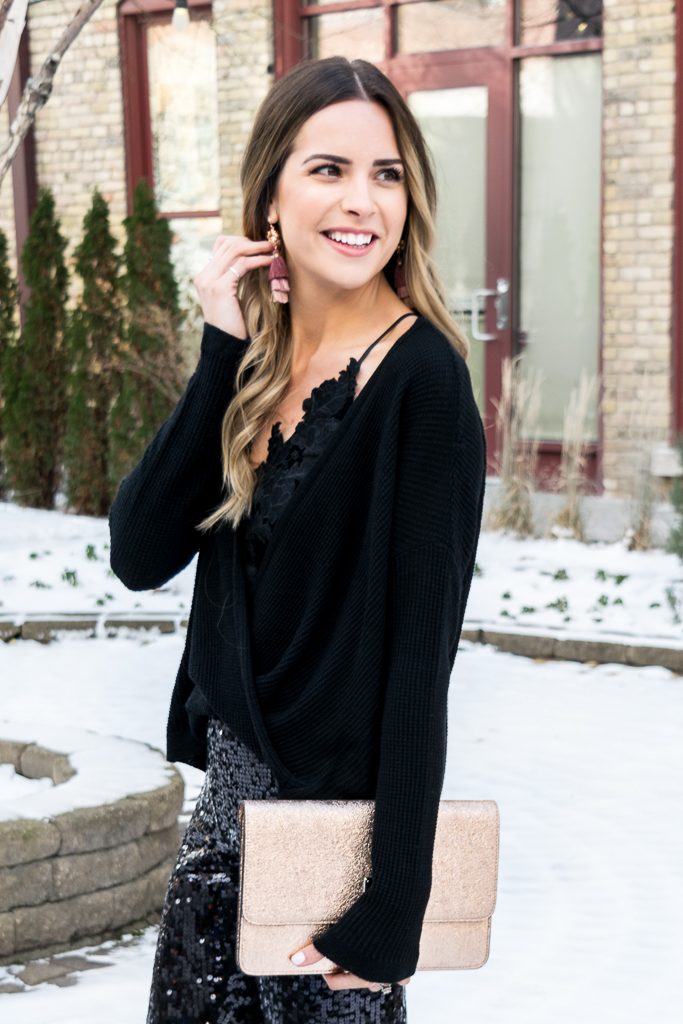 Express clutch, blush tassel earrings, all black holiday look, NYE outfit