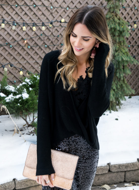 Express clutch, blush tassel earrings, all black holiday look, NYE outfit