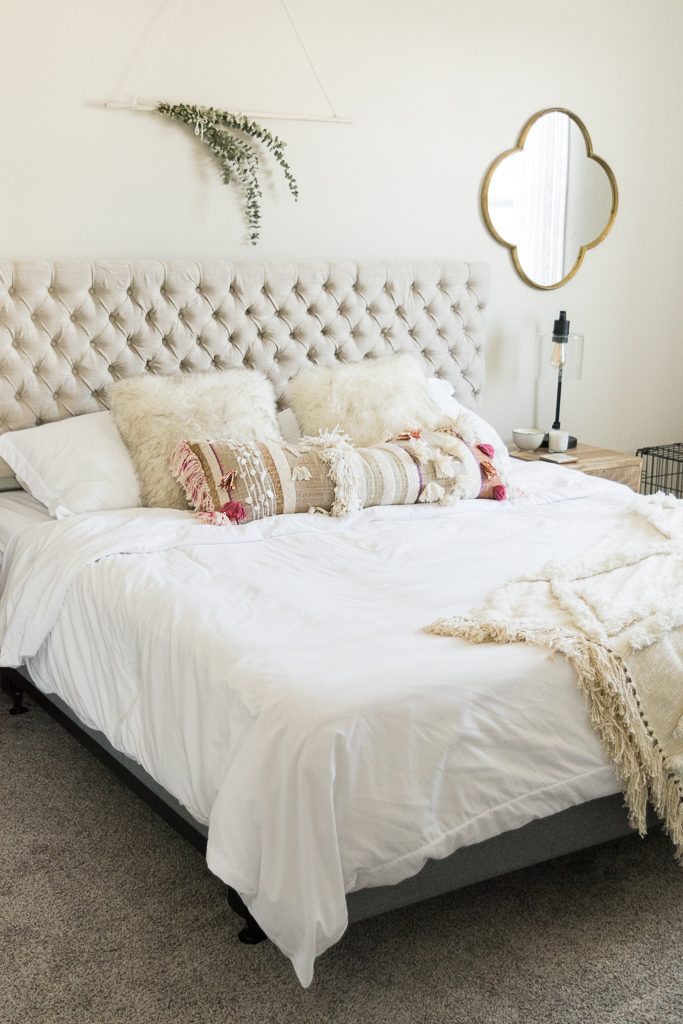 anthropologie open market pillow, jezebel fabric headboard, master bedroom updates, Leesa mattress review, Minneapolis blogger, boho bedroom