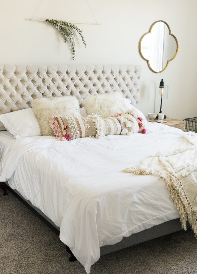 anthropologie open market pillow, jezebel fabric headboard, master bedroom updates, Leesa mattress review, Minneapolis blogger, boho bedroom