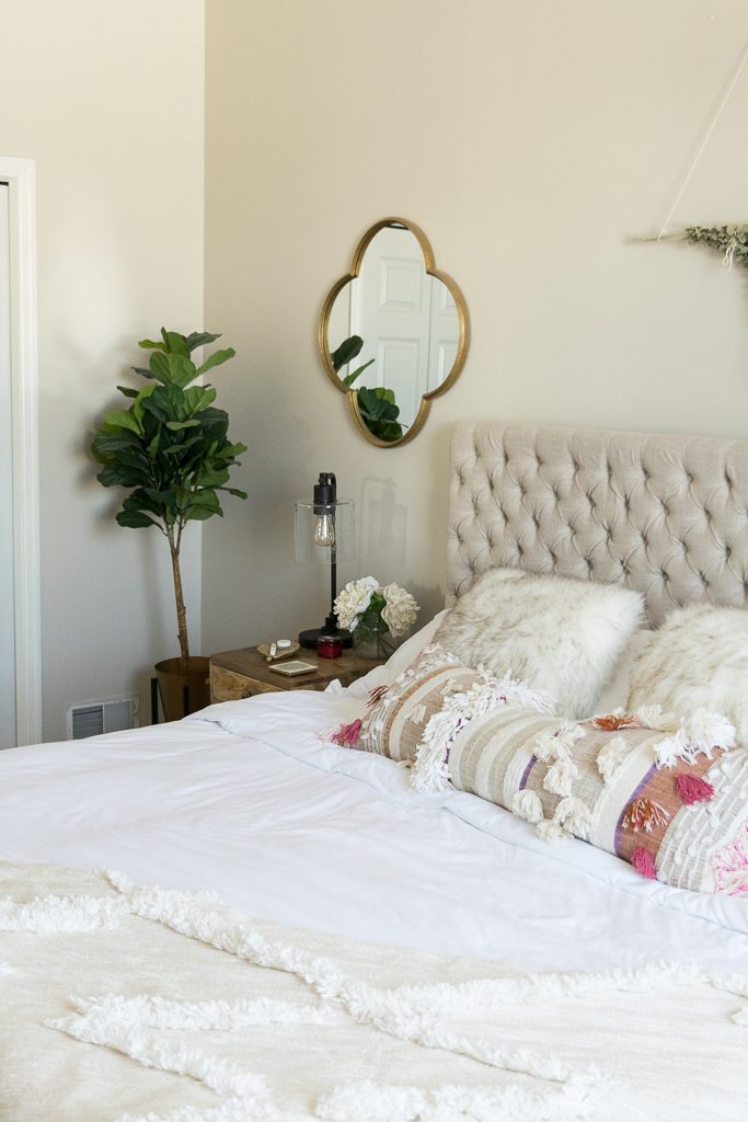 anthropologie open market pillow, jezebel fabric headboard, master bedroom updates, Leesa mattress review, Minneapolis blogger, boho bedroom