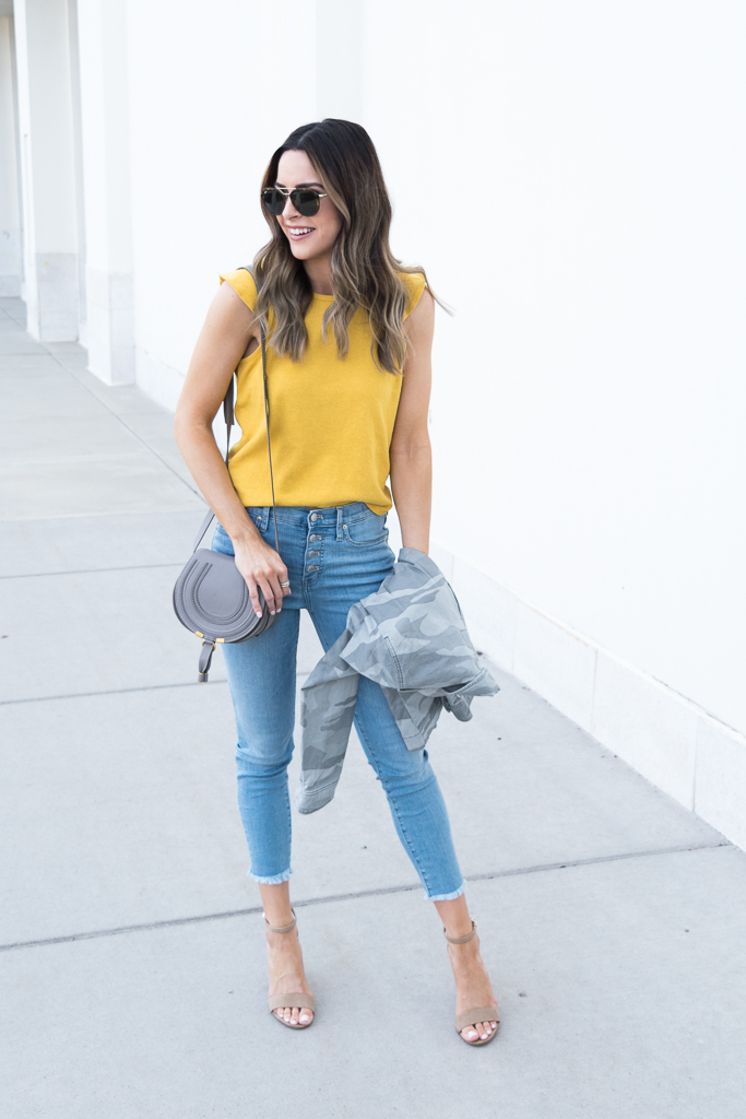 yellow gold mustard color trend 2018, madewell ruffle tank, chloe mini marcie cashmere grey, minneapolis blogger