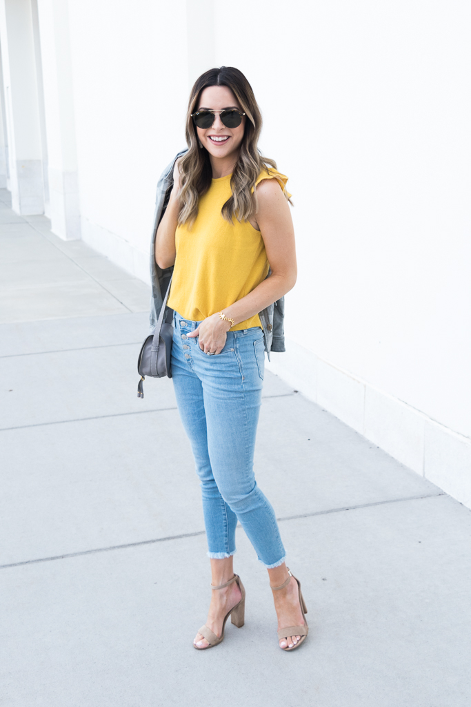 yellow gold mustard color trend 2018, madewell ruffle tank, chloe mini marcie cashmere grey