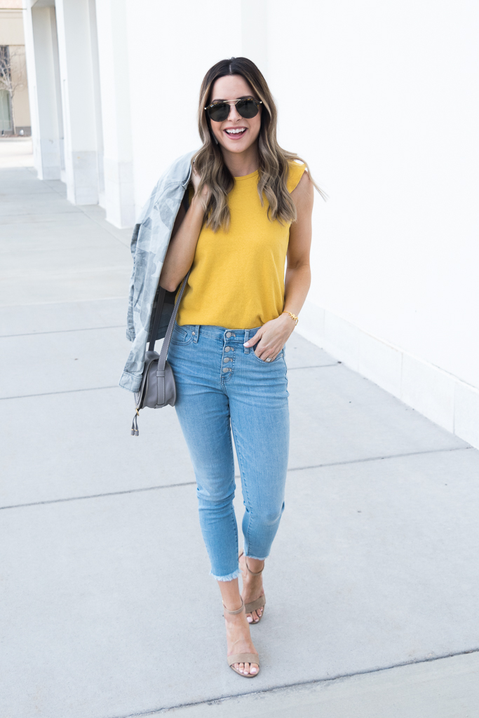 yellow gold mustard color trend 2018, madewell ruffle tank, minneapolis blogger