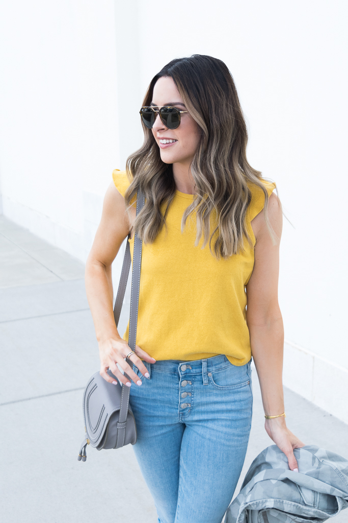 Grey jeans 2024 yellow top