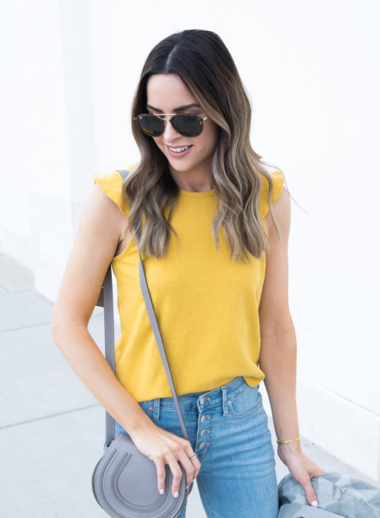 yellow gold mustard color trend 2018, madewell ruffle tank, chloe mini marcie cashmere grey