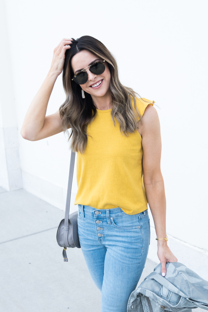 yellow gold mustard color trend 2018, madewell ruffle tank, chloe mini marcie cashmere grey