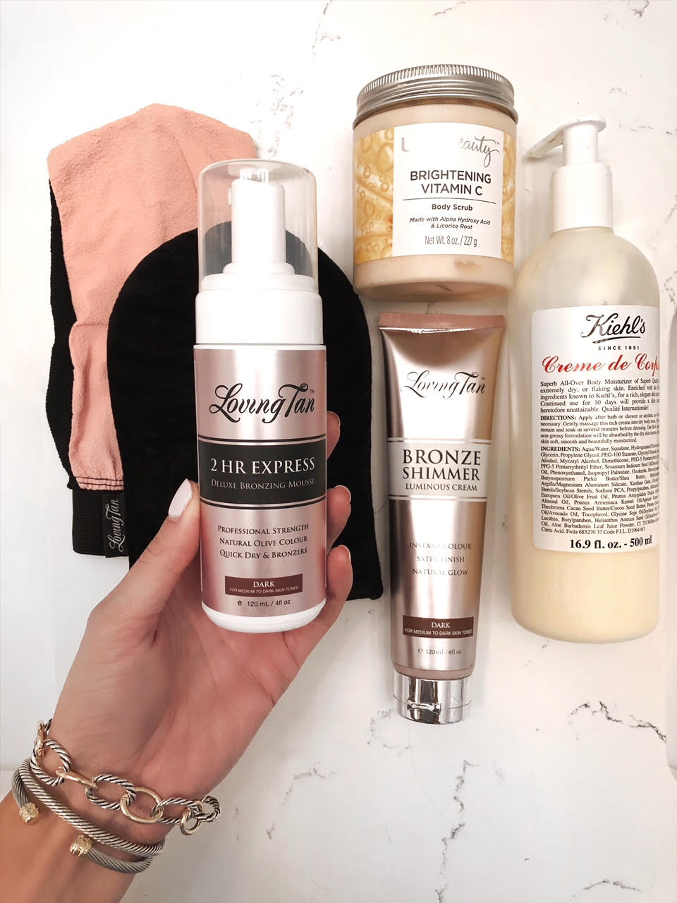 self tanning routine 2018, loving tan, 2 hour mousse, kiehls creme de corps