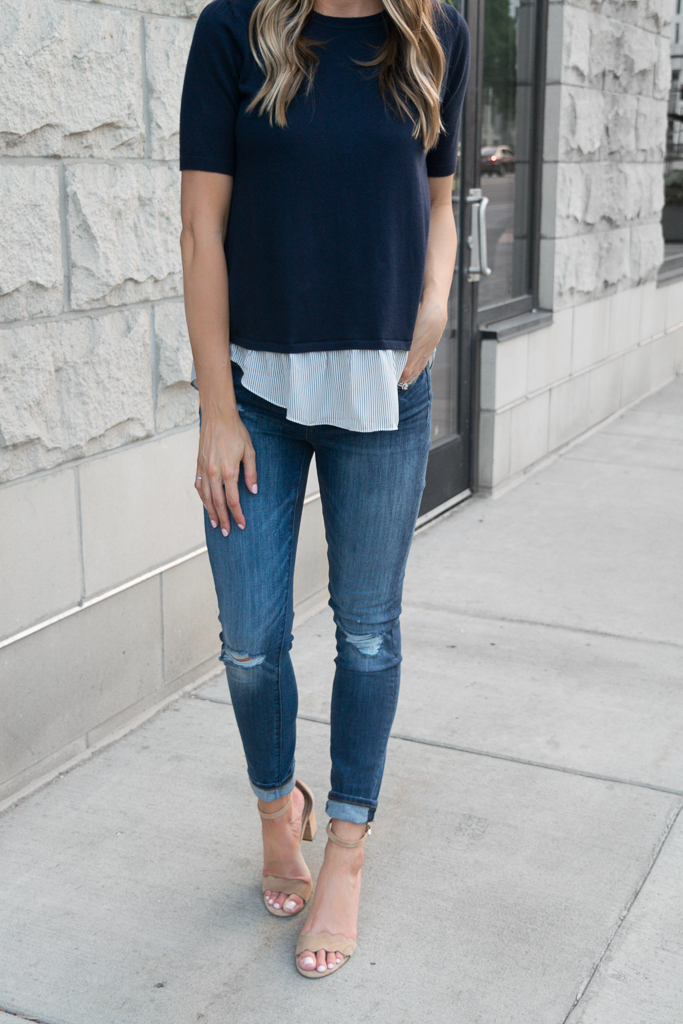 transitioning into fall outfits, loft modern skinny jeans destructed indigo wash, summer to fall fashion