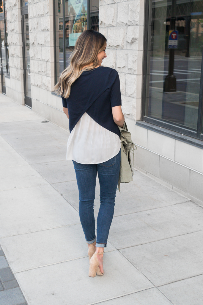 transitioning into fall outfits, loft striped crossover mixed media sweater