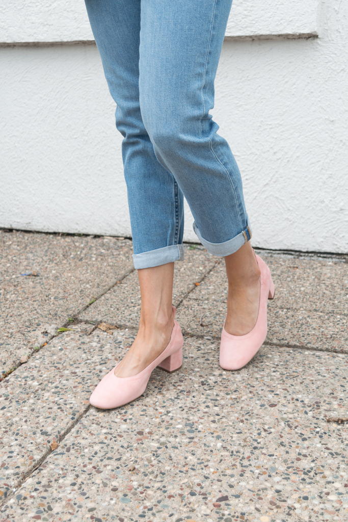 everlane, the day heel, pink suede, modern boyfriend jeans