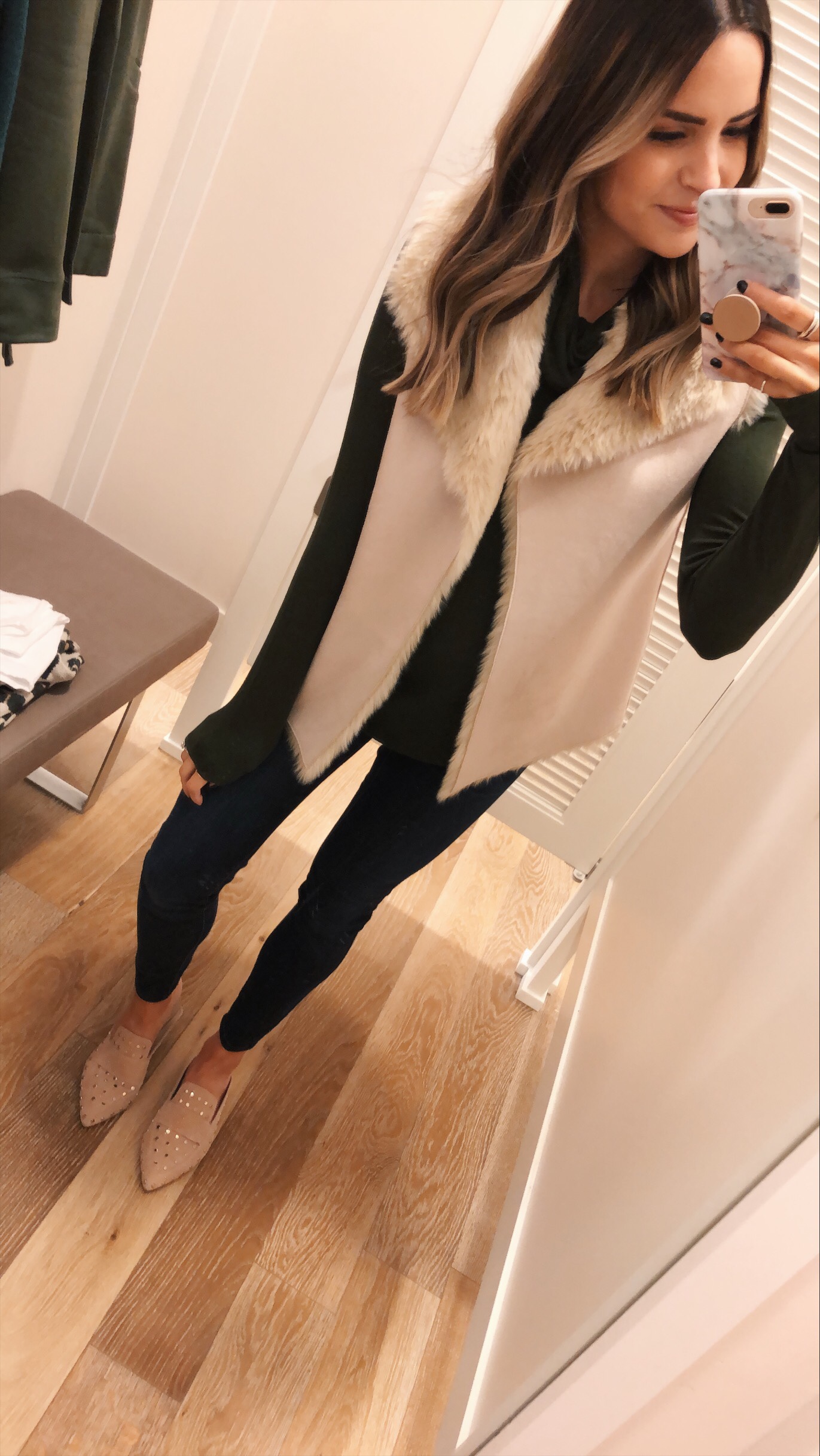 loft faux fur lined vest, loft try-on, family and friends sale