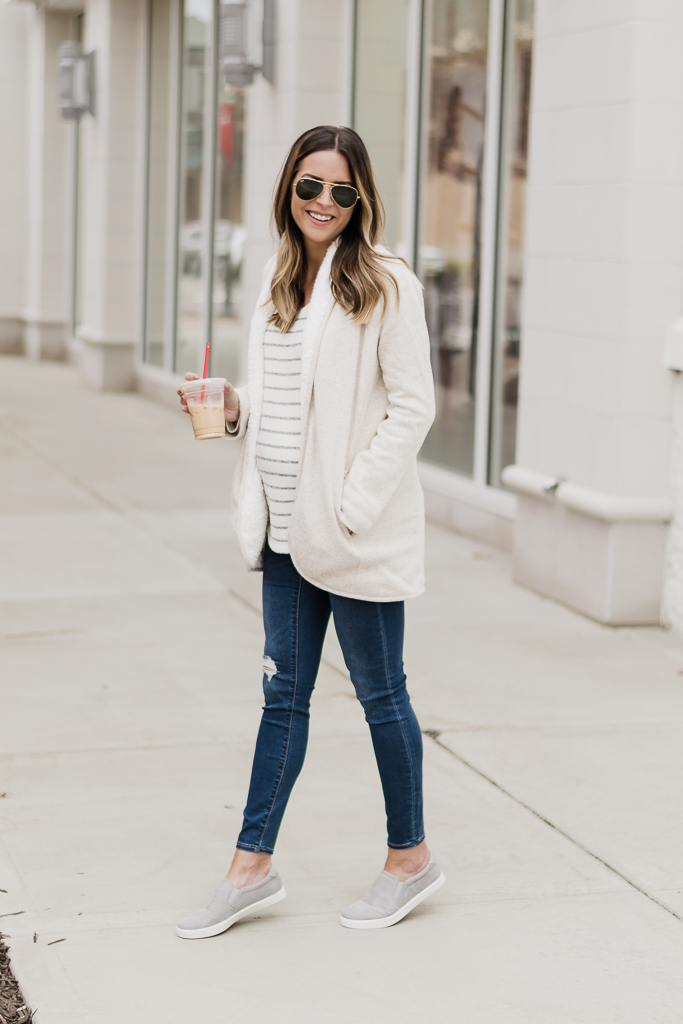 famous footwear dr. scholl's madison slip on sneakers, lauren james sherpa cardigan, mn blogger