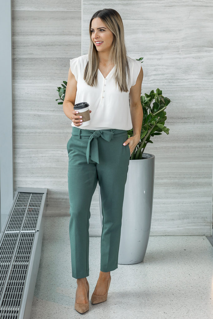 teal green pants outfit