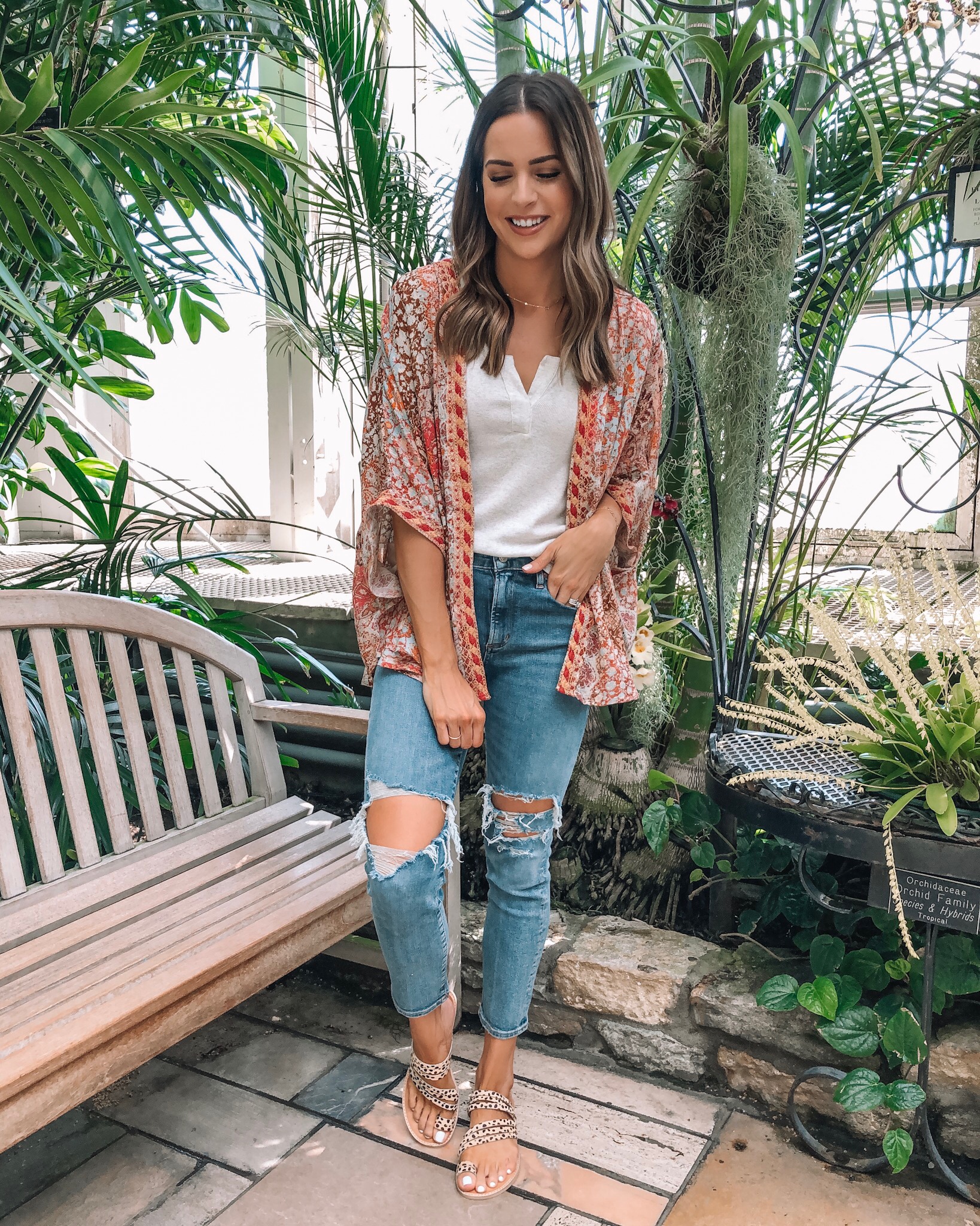 evereve Mother's Day sale 2019, Allison joy mosaic kimono, bobi rib tank, agolde Sophie crop, dolce vita Nelly leopard slides