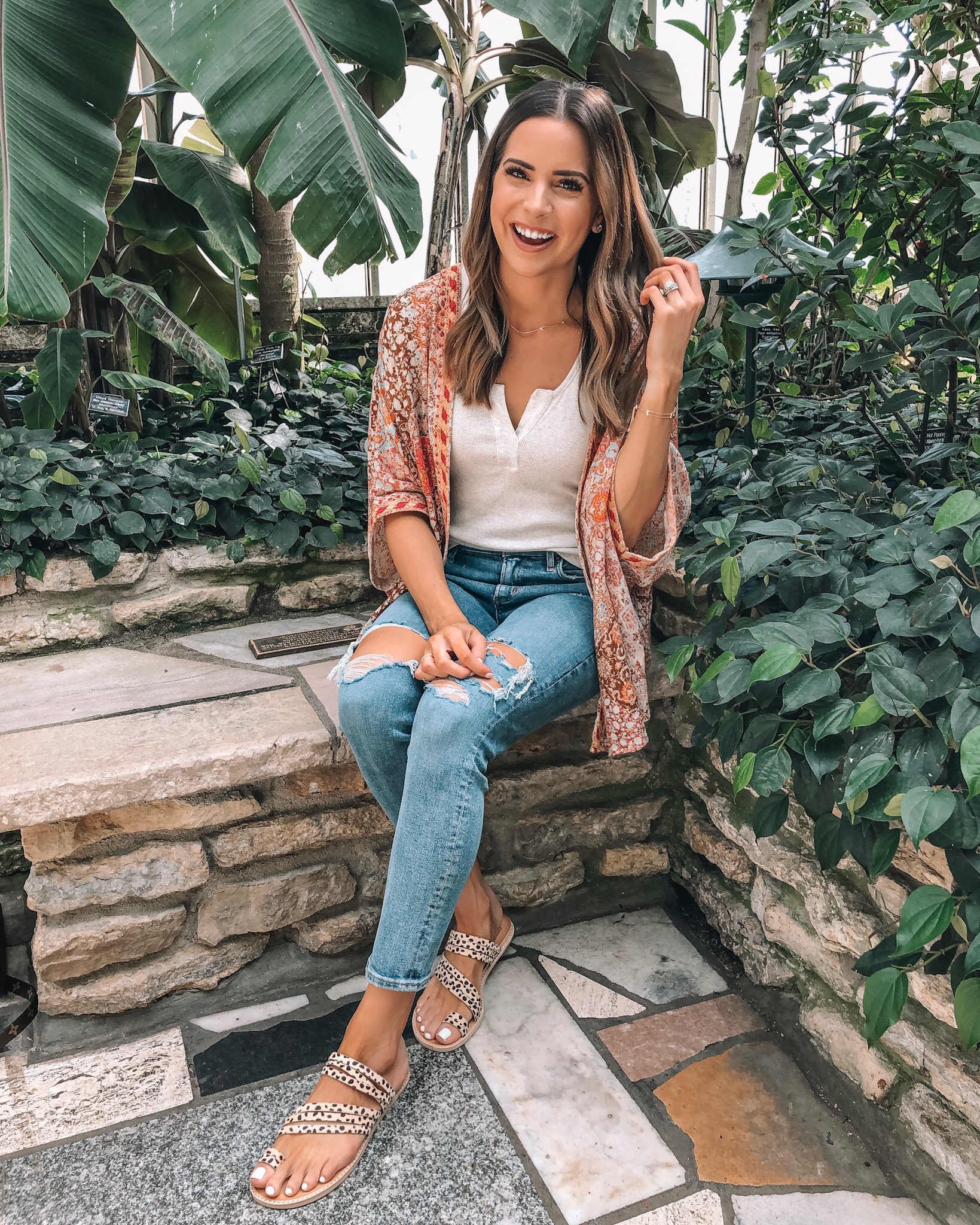 evereve Mother's Day sale 2019, Allison joy mosaic kimono, bobi rib tank, agolde Sophie crop, dolce vita Nelly leopard slides