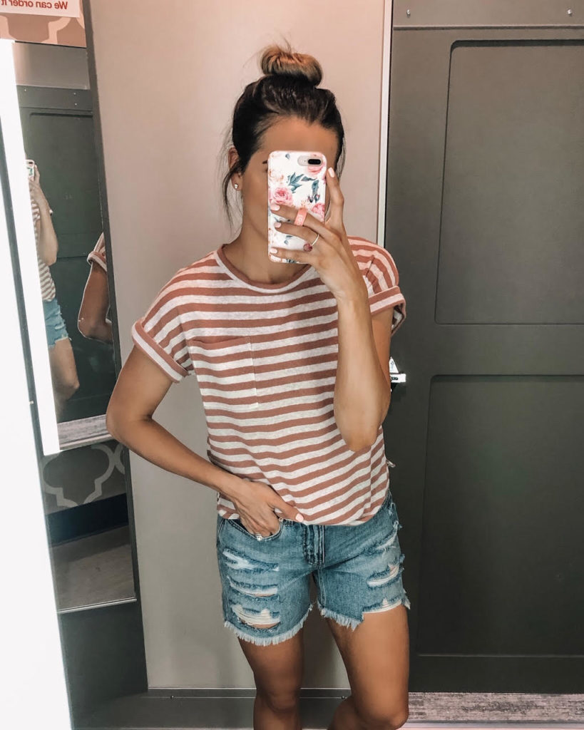 june target haul, target finds, Women's Striped Regular Fit Short Sleeve Crewneck Linen Cuff T-Shirt - A New day, Women's High-Rise Destructed Relaxed Longer Length Jean Shorts - Wild Fable, Light Blue Wash