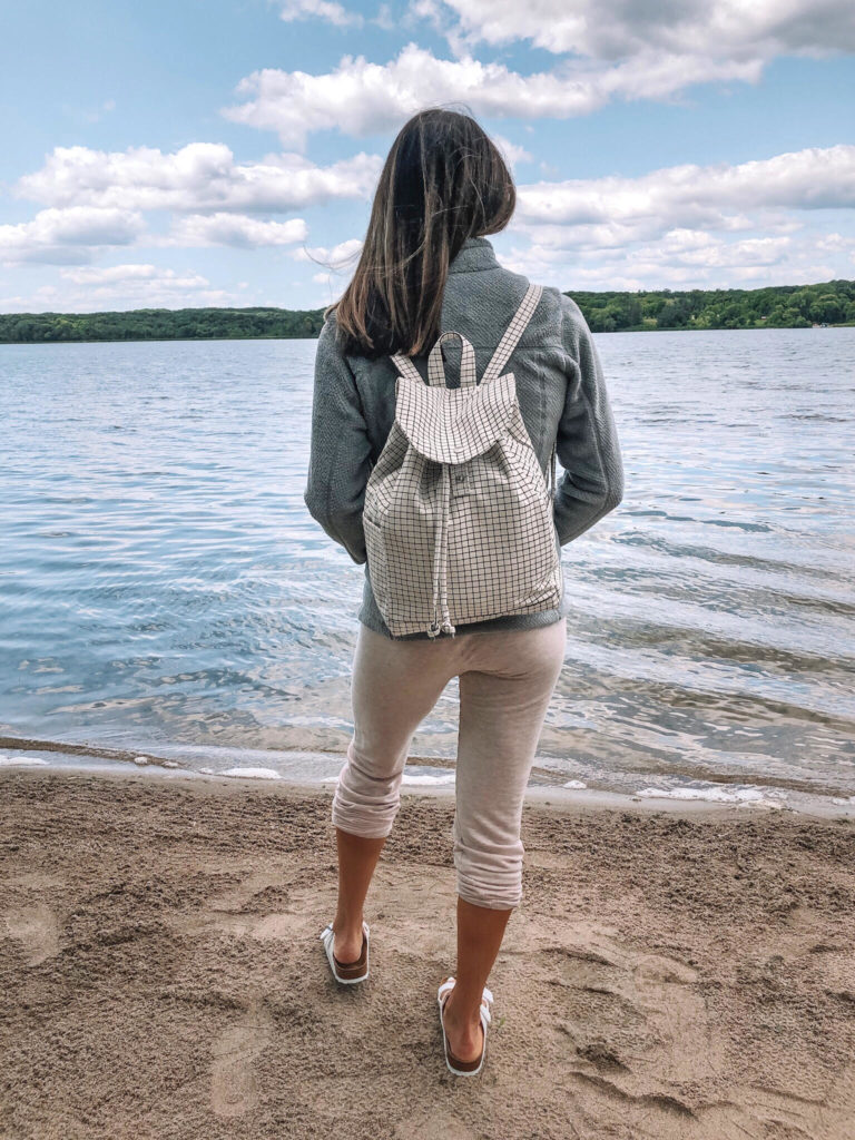 backcountry, Patagonia re-tool snap-T fleece pullover, Monrow super soft vintage sweat pant, White Arizona narrow Birkenstock’s, baggu backpack