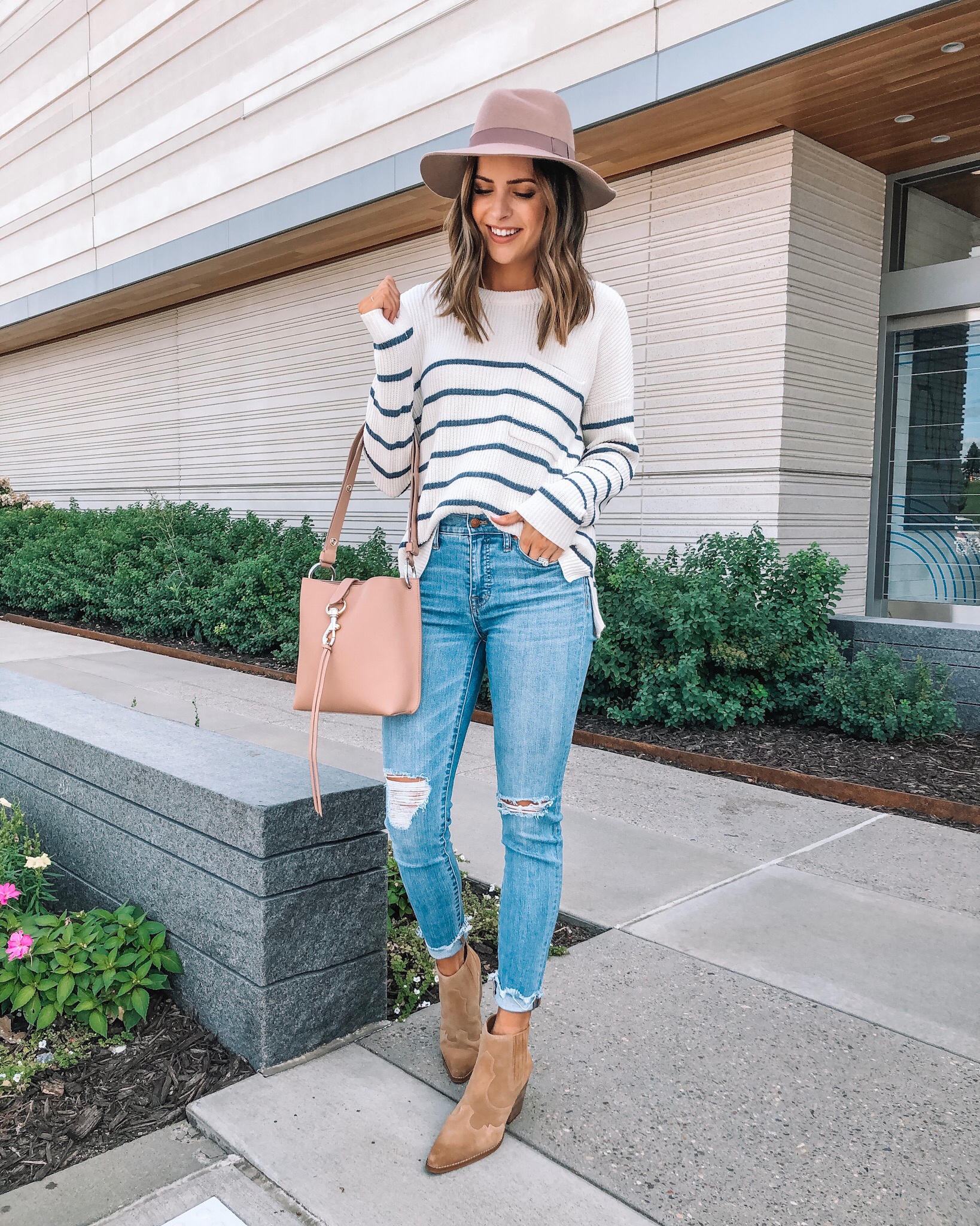 my go-to fall outfit, fall fashion, made well, Nordstrom, Rebecca minkoff small Megan crossbody bag, wool felt hat, sam Edelman Winona booties