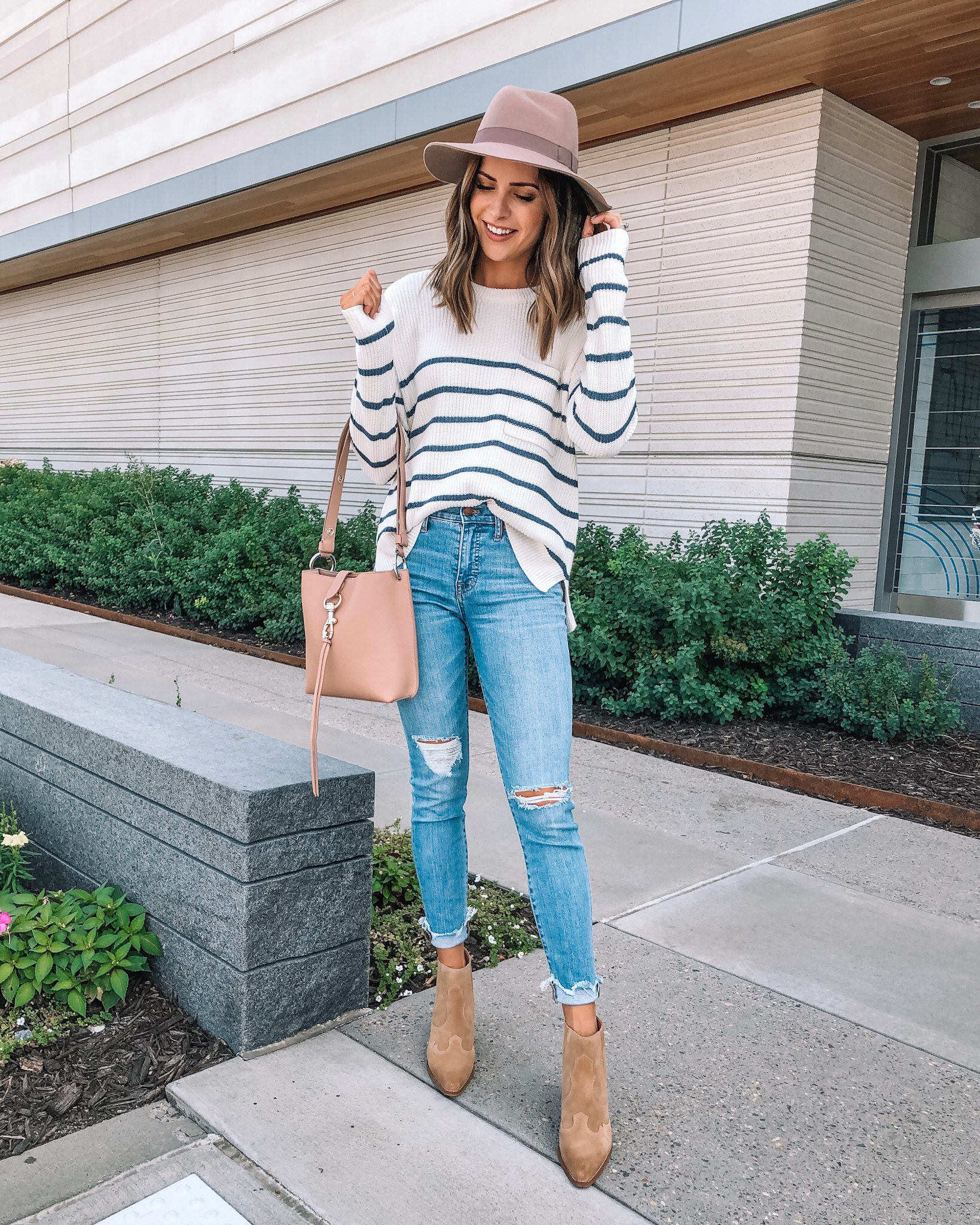 my go-to fall outfit, fall fashion, made well, Nordstrom, Rebecca minkoff small Megan crossbody bag, wool felt hat, sam Edelman Winona booties