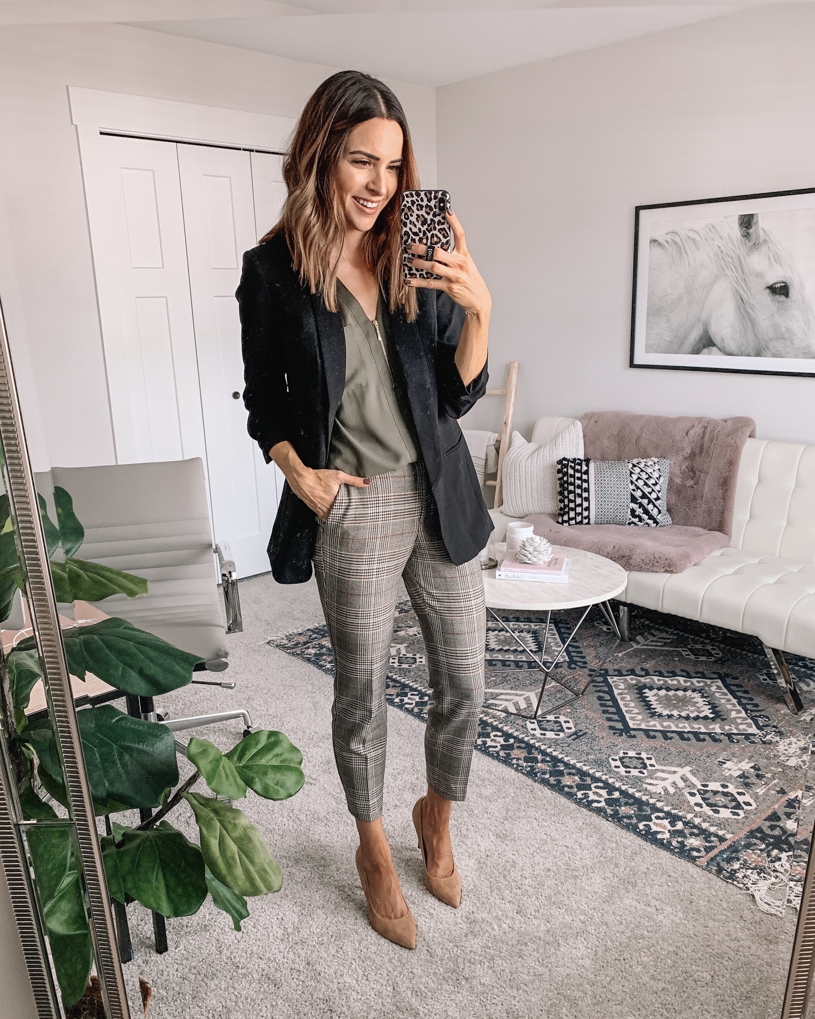 how to style plaid pants, workwear outfit fall, express, black blazer