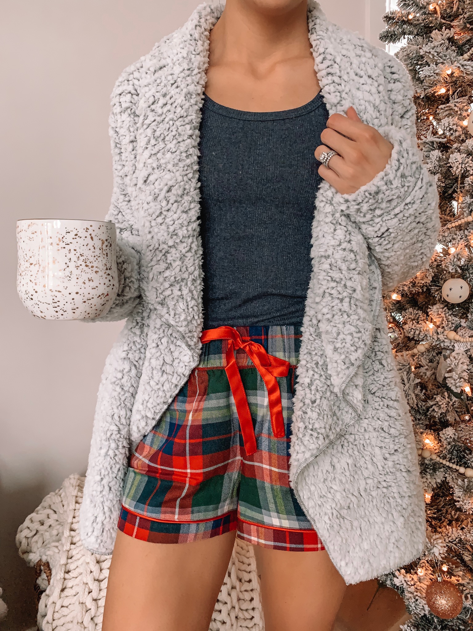 jockey holiday sleepwear, loungewear, Christmas pajamas, plaid flannel shorts, sherpa cardigan