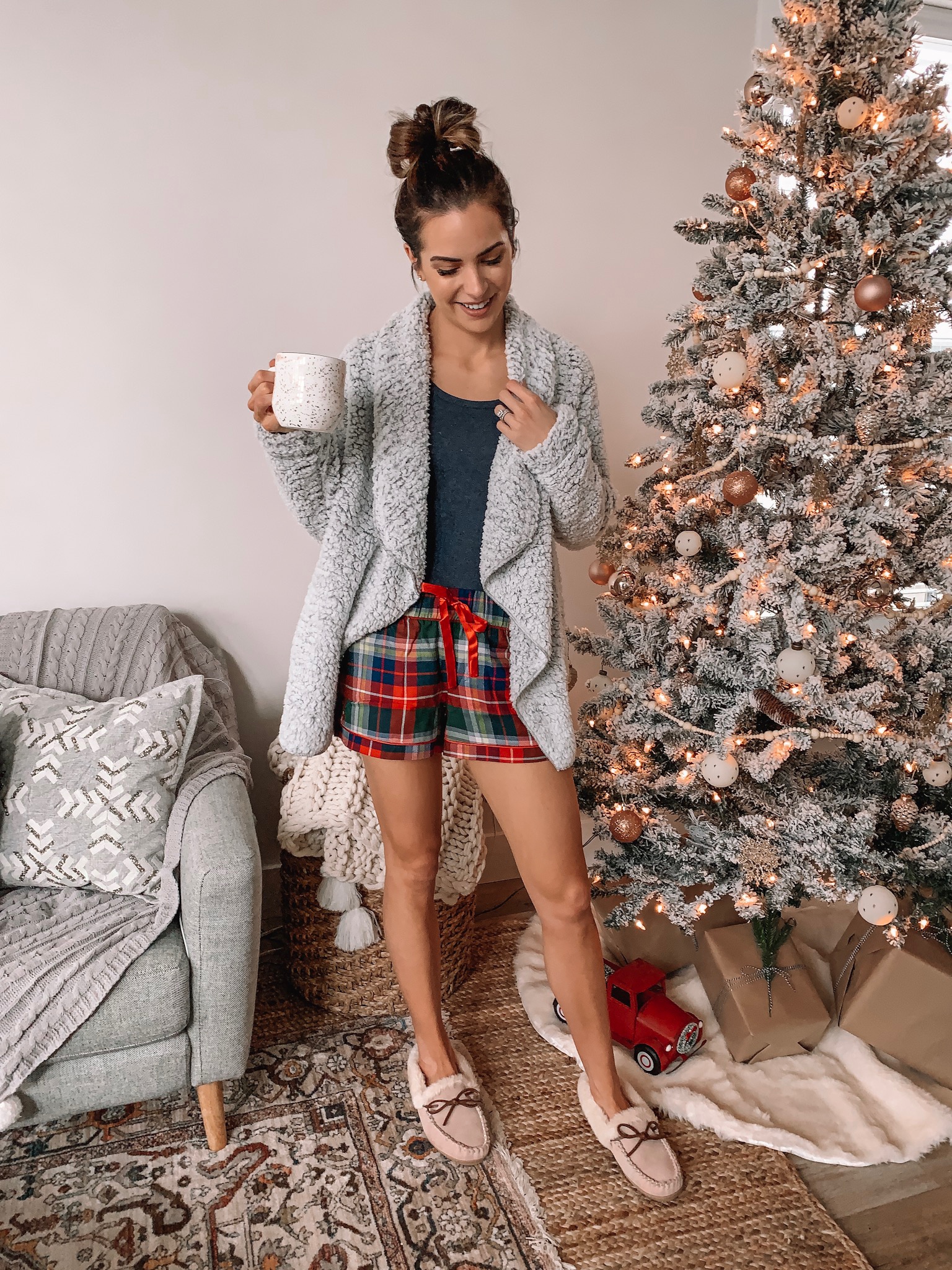 jockey holiday sleepwear, loungewear, Christmas pajamas, plaid flannel shorts, sherpa cardigan