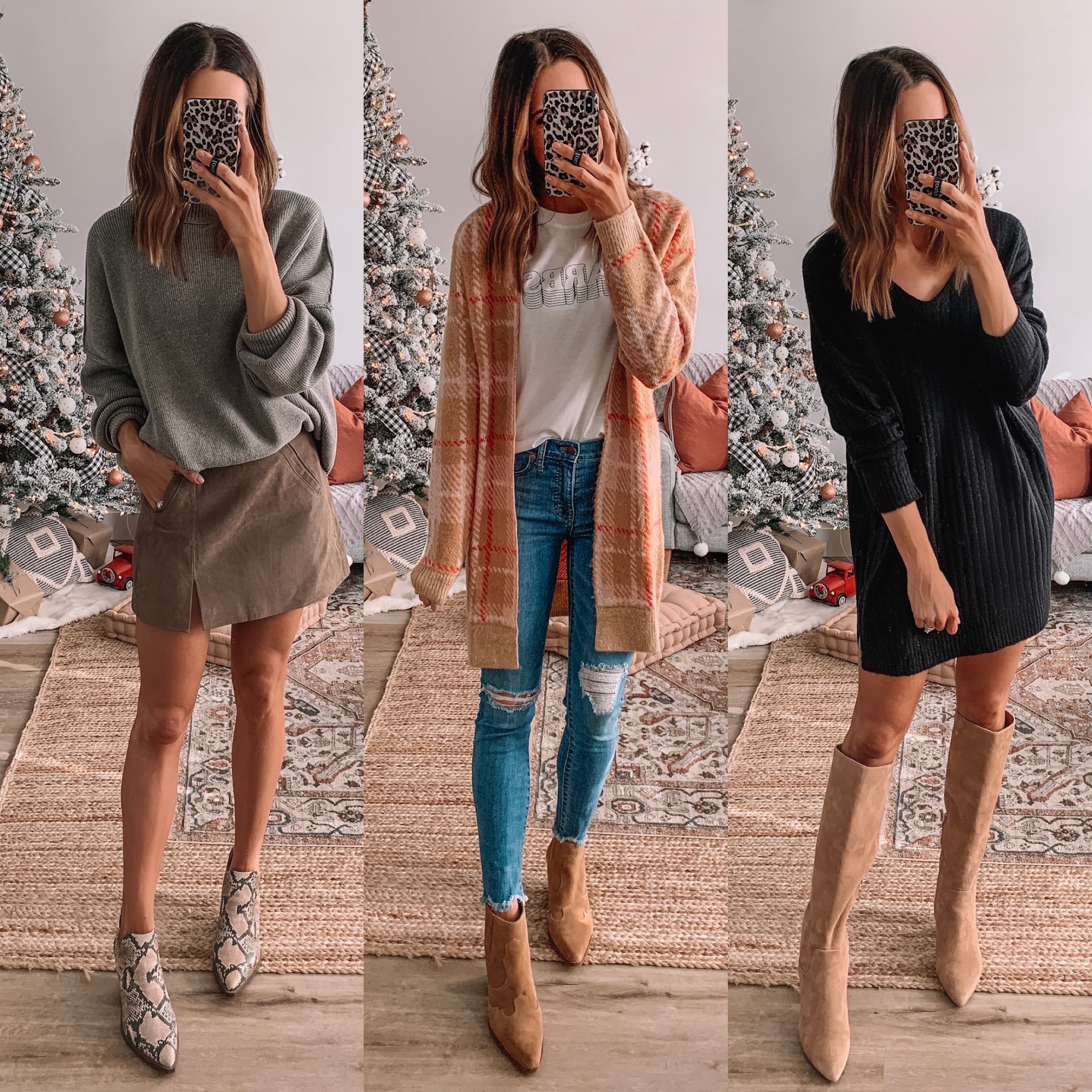 thanksgiving outfit ideas, cute, comfy, dressy, Nordstrom, free people easy street tunic, plaid cardigan, black sweater dress